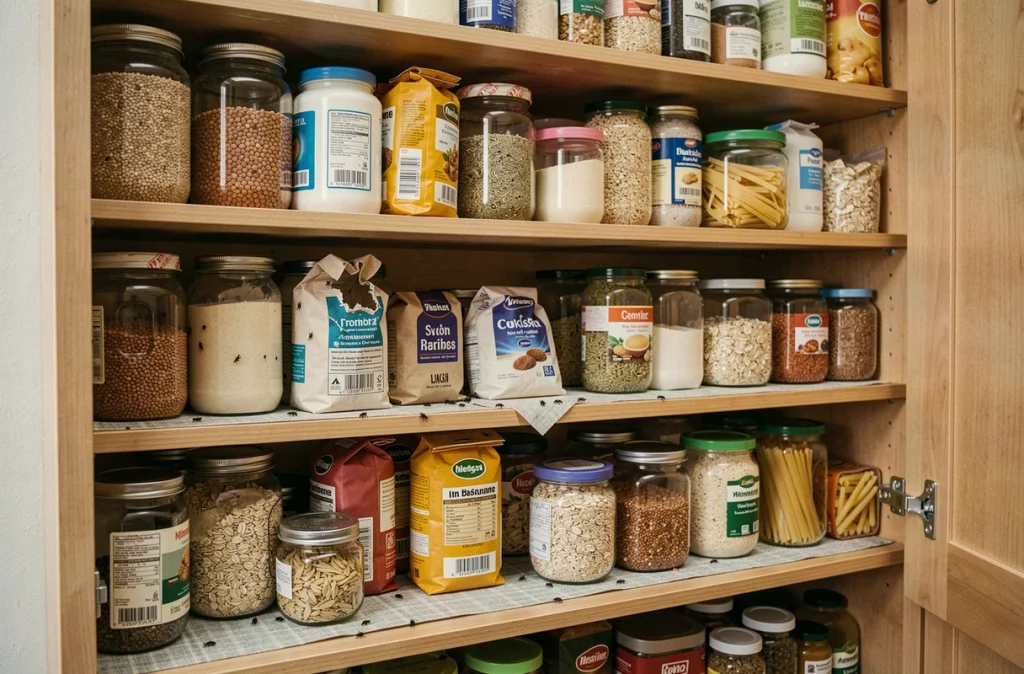 Placard alimentaire infesté de petits insectes noirs avec bocaux hermétiques et emballages abîmés