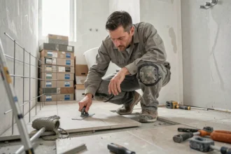 Carreleur professionnel posant du carrelage au sol dans une salle de bain en rénovation avec truelle et mortier colle