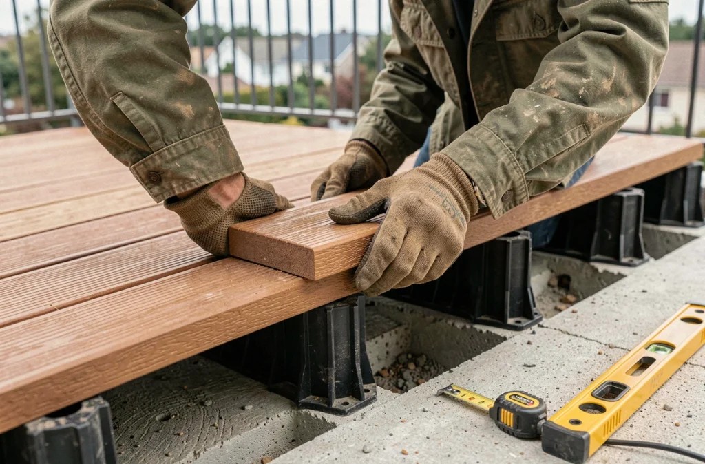 Poseur installant une dalle composite sur plot plastique réglable sur une terrasse en chantier