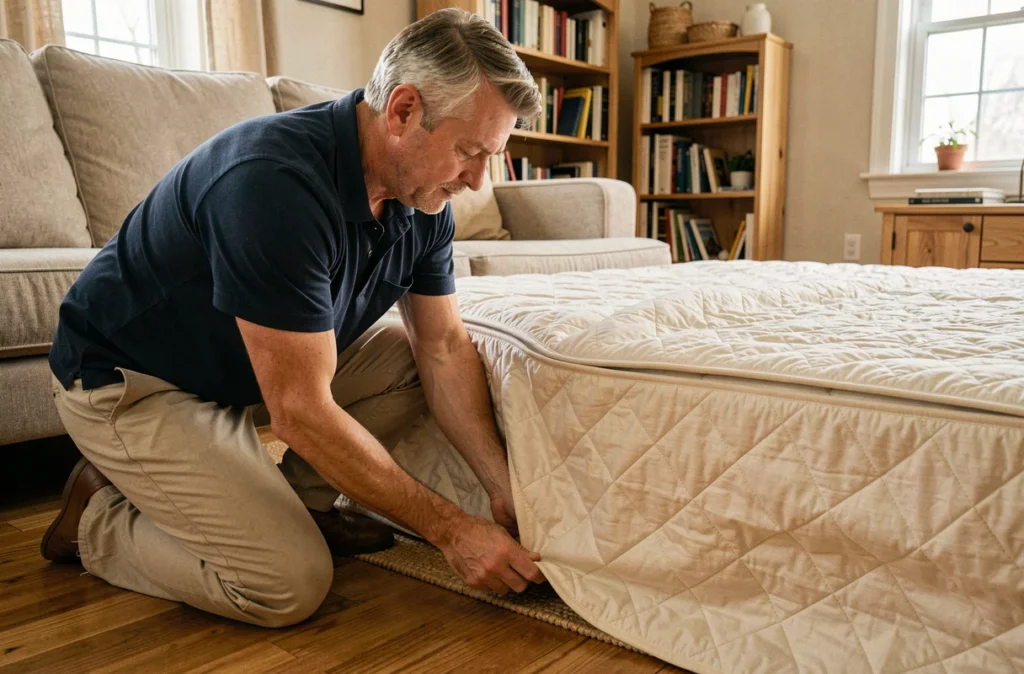 Homme glissant les bords élastiqués d'une housse matelassée sous le matelas d'un clic clac déplié pour éviter les faux plis