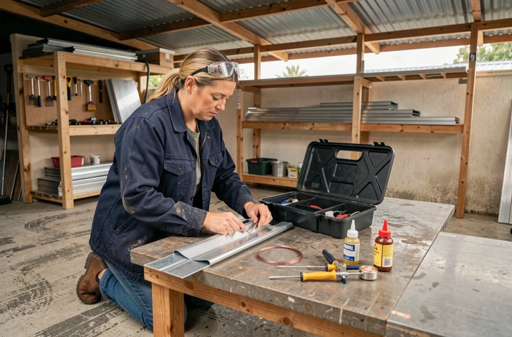 Couvrière professionnelle préparant des sections de gouttière en zinc pour la soudure dans un atelier semi-ouvert