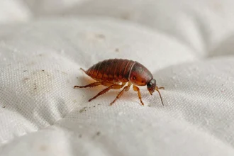 Gros plan macro d'une punaise de lit rougeâtre sur couture de matelas blanc, détail de l'exosquelette visible
