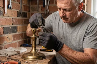 Homme remplaçant un culot de petite ampoule E14 sur une lampe de table en laiton avec des gants de protection