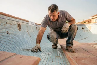 Entrepreneur examinant le revêtement en carrelage mosaïque d'une piscine vidée pour évaluer son état et sa durabilité