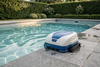 Robot nettoyeur automatique de piscine en fonctionnement dans une piscine extérieure avec carrelage en pierre grise et haies verdoyantes