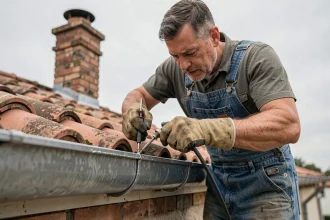 Artisan soudant un raccord de gouttière en zinc sur un toit résidentiel avec un fer à souder professionnel