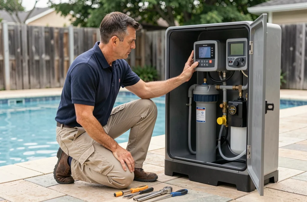 Technicien installant et réglant un système de filtration automatique pour piscine dans un coffret technique extérieur