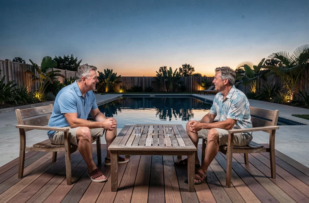 Deux hommes en discussion détendue sur une terrasse bois et béton autour d'une piscine au crépuscule