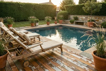 Terrasse en bois de teck entourant une piscine résidentielle avec transats en lin et plantes en pot
