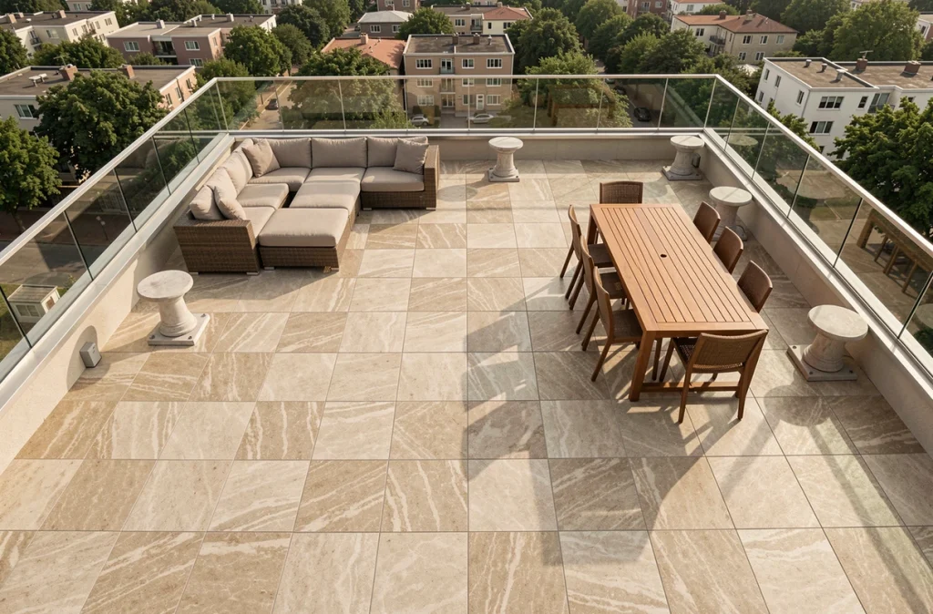 Vue aérienne d'une terrasse toit-terrasse avec carrelage grès cérame sur plots, espace de 50 m2 aménagé
