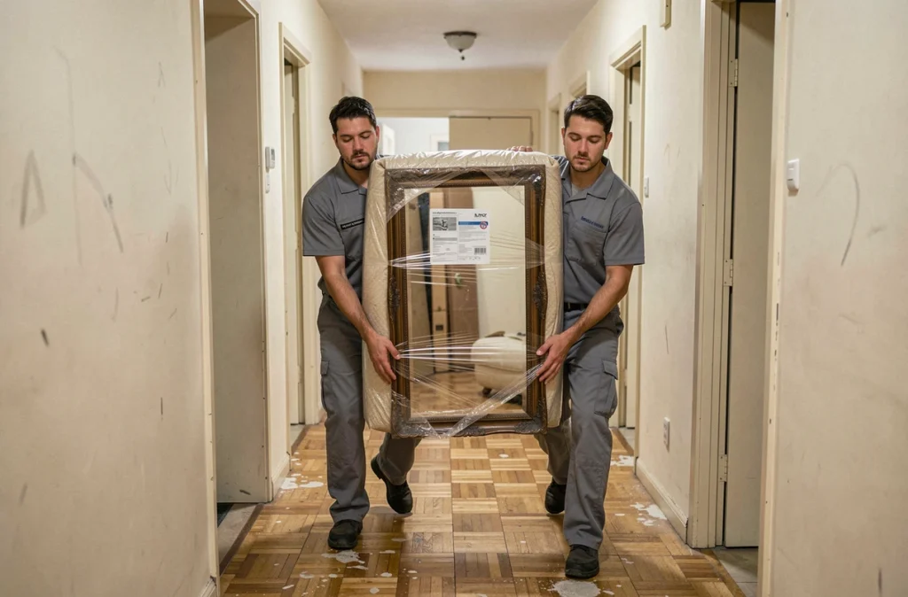Déménageurs professionnels transportant un miroir fragile emballé dans un couloir