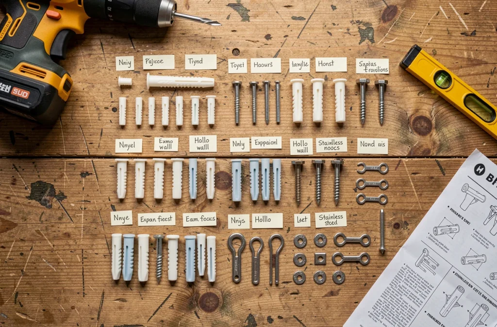 Vue à plat de différents types de chevilles murales classées par catégorie sur un établi en bois pour choisir la fixation adaptée