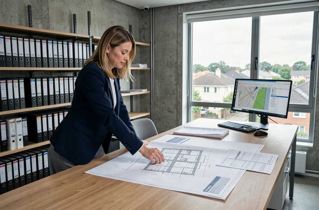 Urbaniste féminine analysant un plan local d'urbanisme et des documents réglementaires relatifs aux puisards dans un bureau municipal
