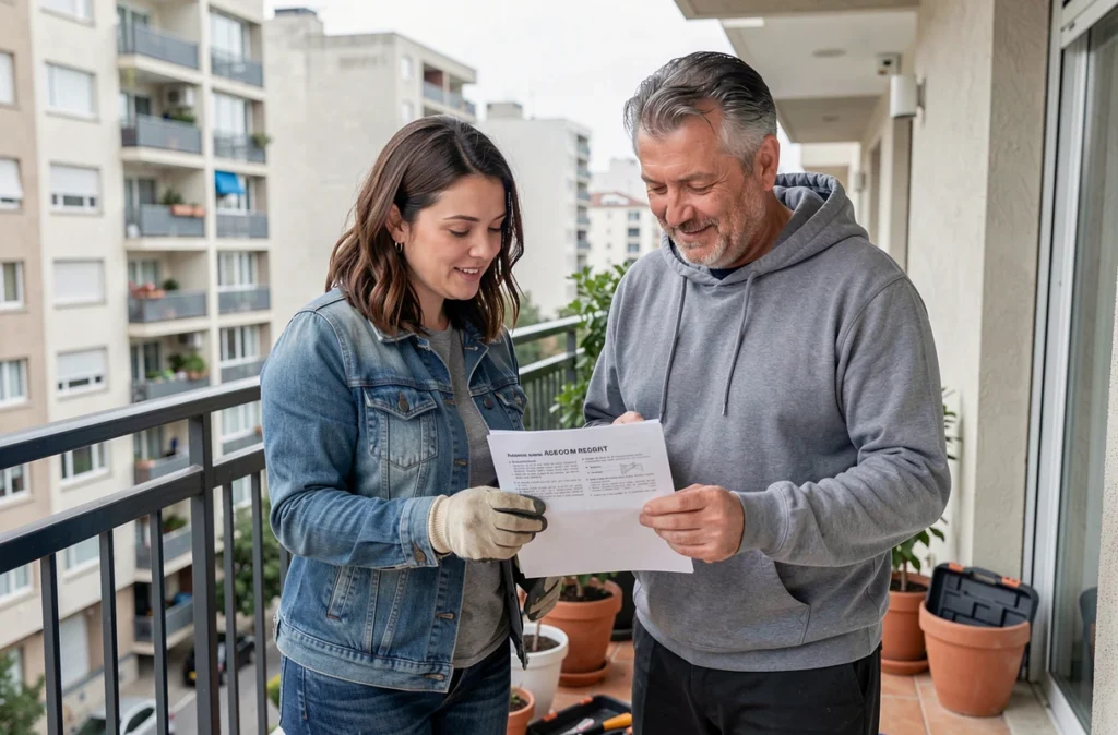 Deux voisins collaborant sur une réparation de balcon en consultant une notice technique