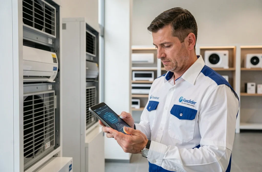 Spécialiste ABIC consultant une tablette devant un système climatisation multi-split dans un showroom commercial