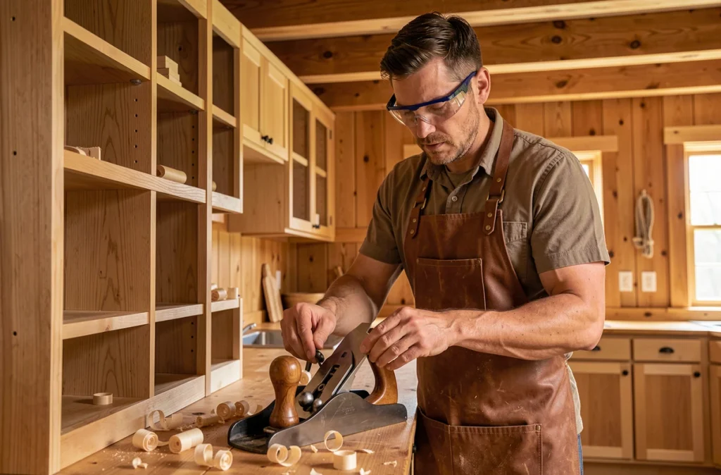 Artisan de L'Agencement du Bois assemblant des menuiseries en bois dans une cuisine rénovée de l'Allier