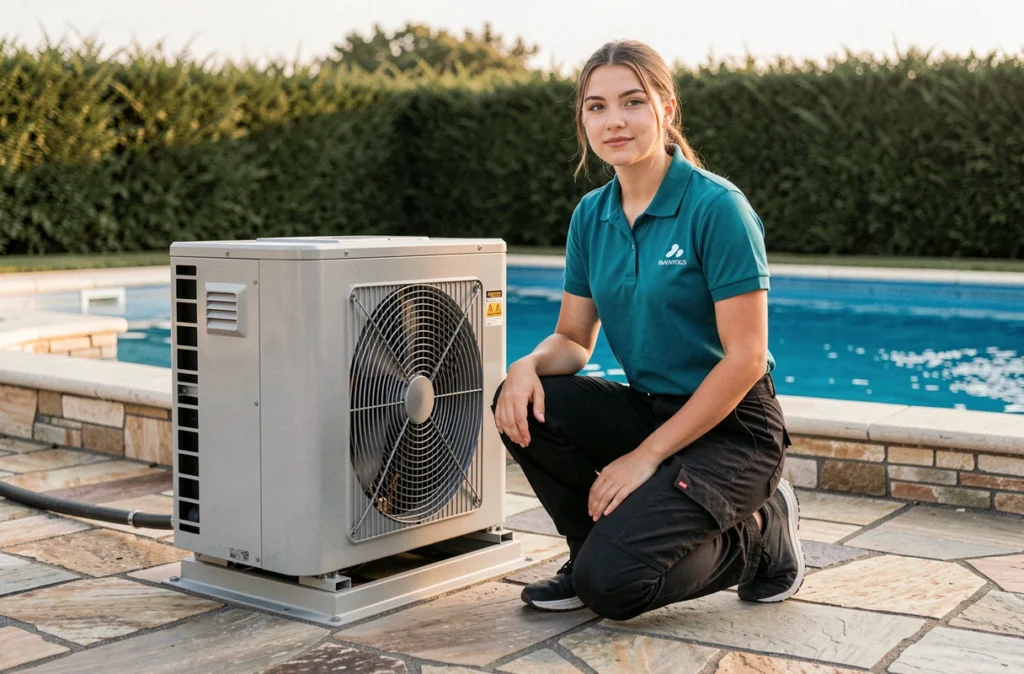 Technicienne Aqua d'Oria installant une pompe à chaleur pour piscine sur une terrasse