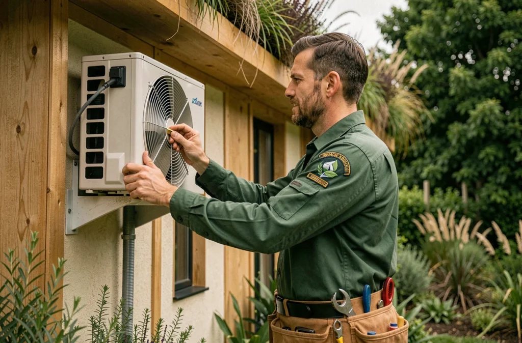 Technicien Artisans Écologiques posant une climatisation éco-efficace sur une maison passive entourée de végétation