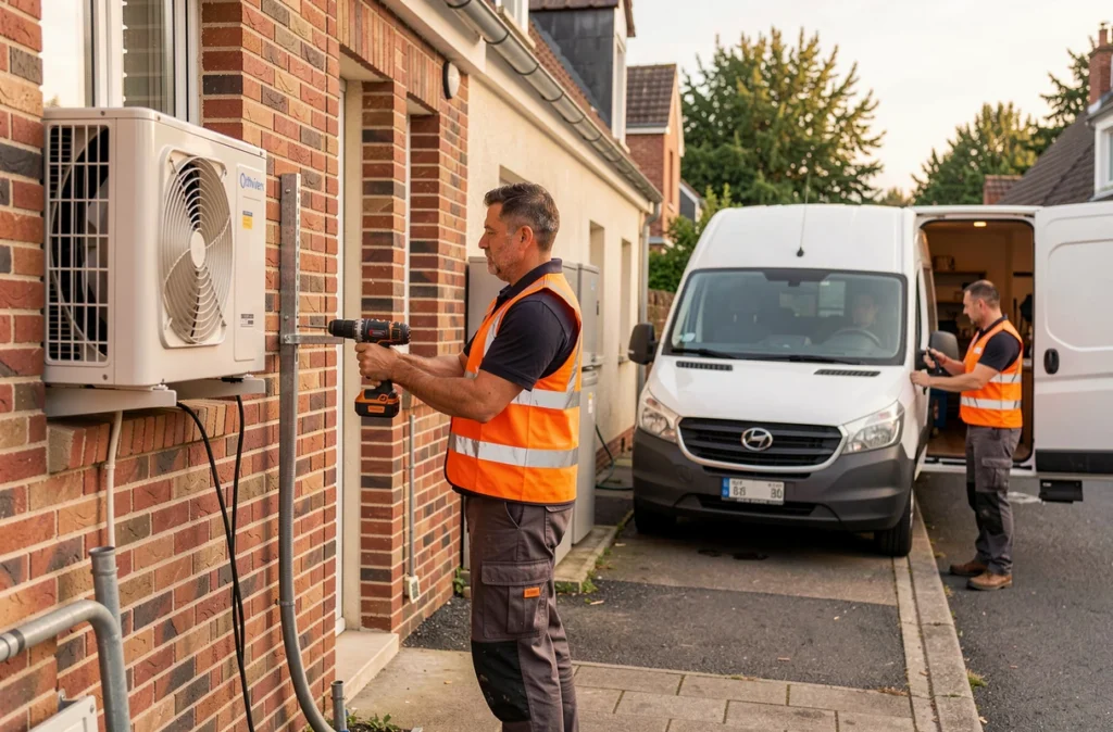 Installateur Axenergie Pithiviers posant une pompe à chaleur air-air sur maison en brique