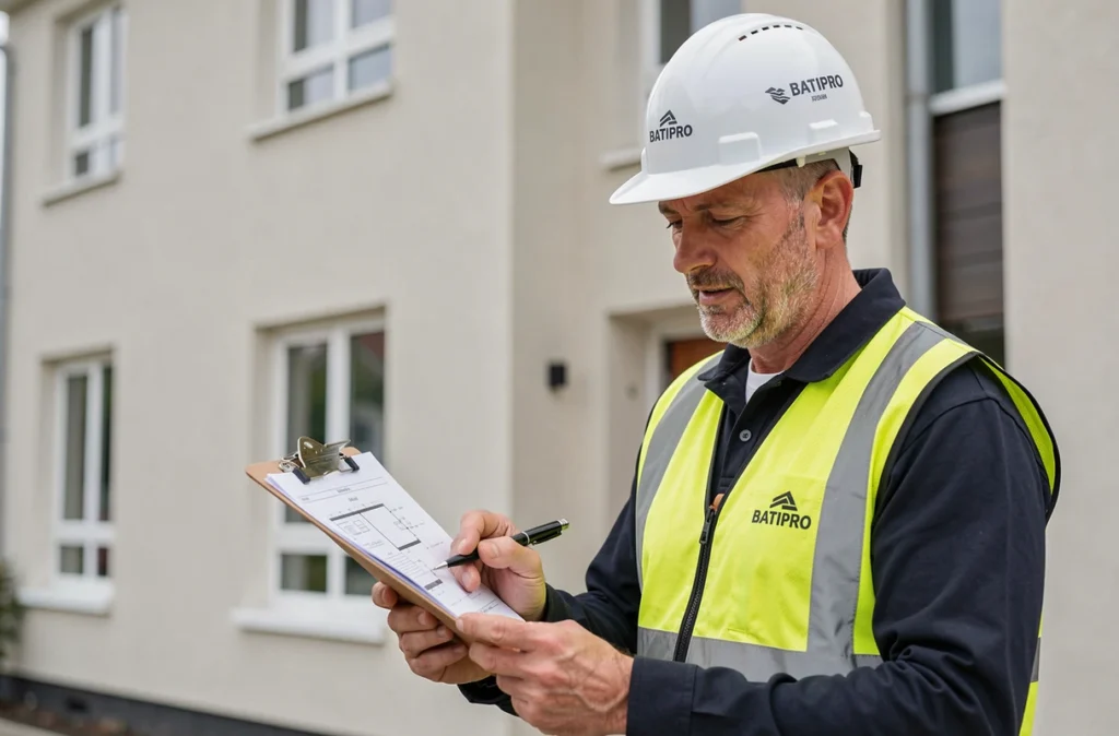Professionnel de BATIPRO examinant des plans devant un bâtiment rénové dans l'Allier