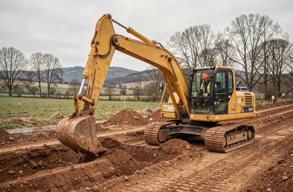Engin de terrassement Biron TP en action sur un chantier rural dans l'Allier