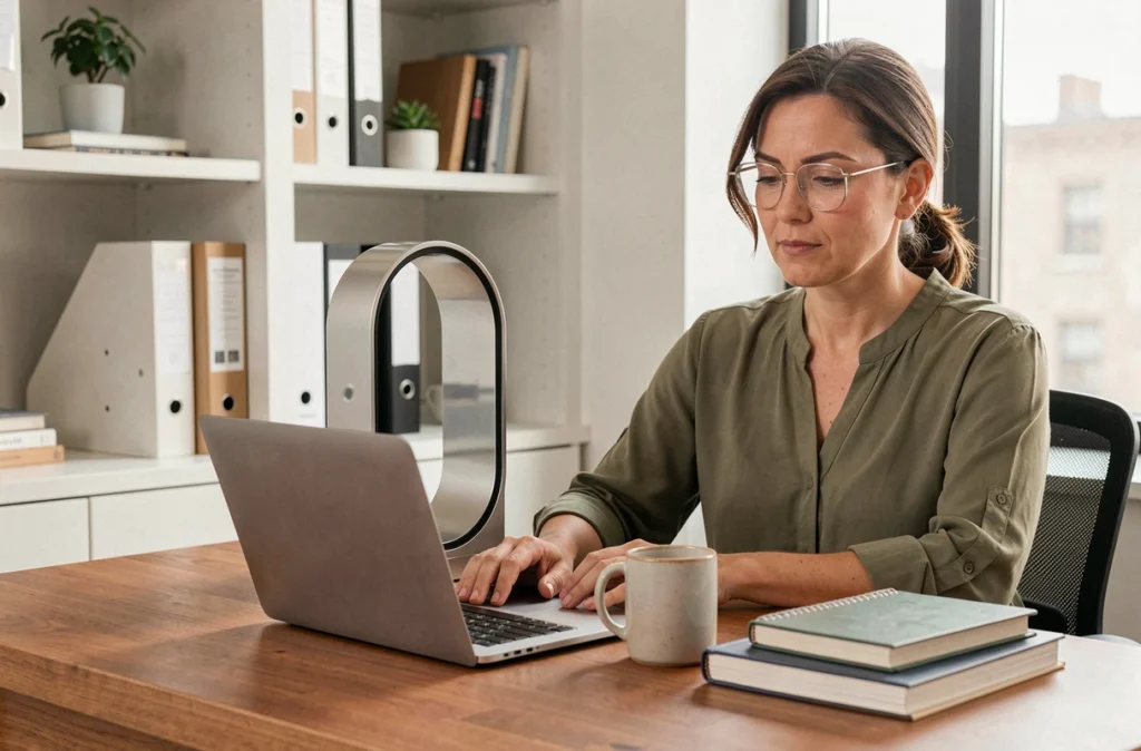 Brasseur d'air sans pales sur un bureau à domicile avec une femme concentrée travaillant sur son ordinateur portable