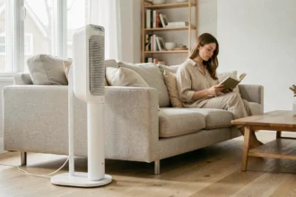 Brasseur d'air silencieux blanc dans un salon scandinave avec une femme détendue lisant un livre