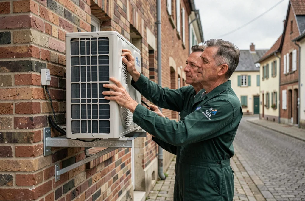 Deux techniciens Brunn Frères installant un condenseur extérieur sur une maison en briques dans le Grand Est