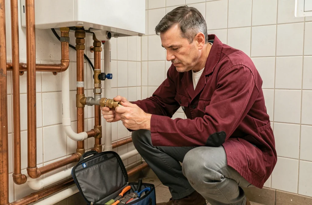Technicien CPSD en intervention sur un système de chauffage et plomberie en local chaudière