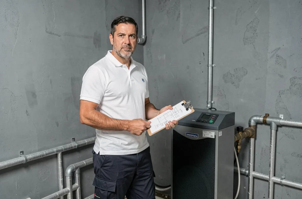 Spécialiste DECHAMBRE présentant une installation de pompe à chaleur géothermique en local technique