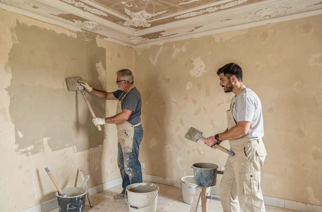 Artisans de l'Entreprise Dejoux Père et Fils appliquant du plâtre dans une maison ancienne de l'Allier