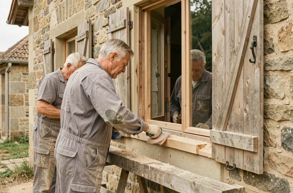 Père et fils de l'Entreprise Lavenue rénovant des menuiseries sur une ferme en pierre de l'Allier