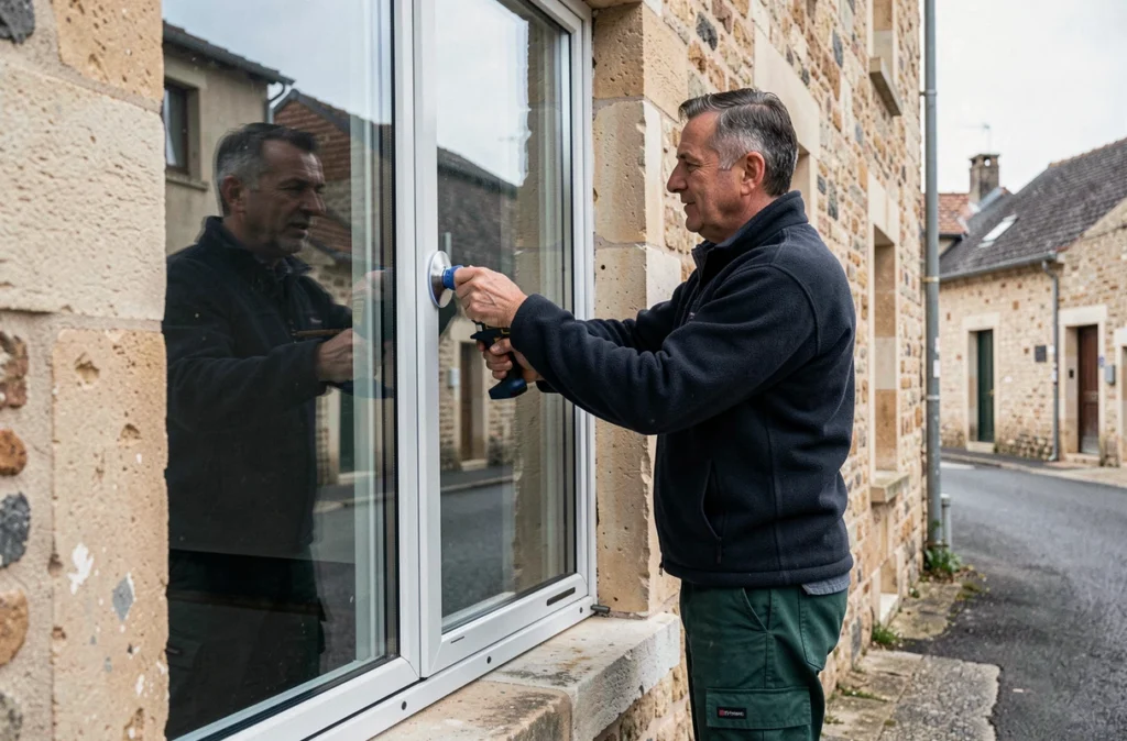 Artisan des Etablissements Merlin Sarl posant des fenêtres double vitrage sur une maison en pierre dans l'Allier