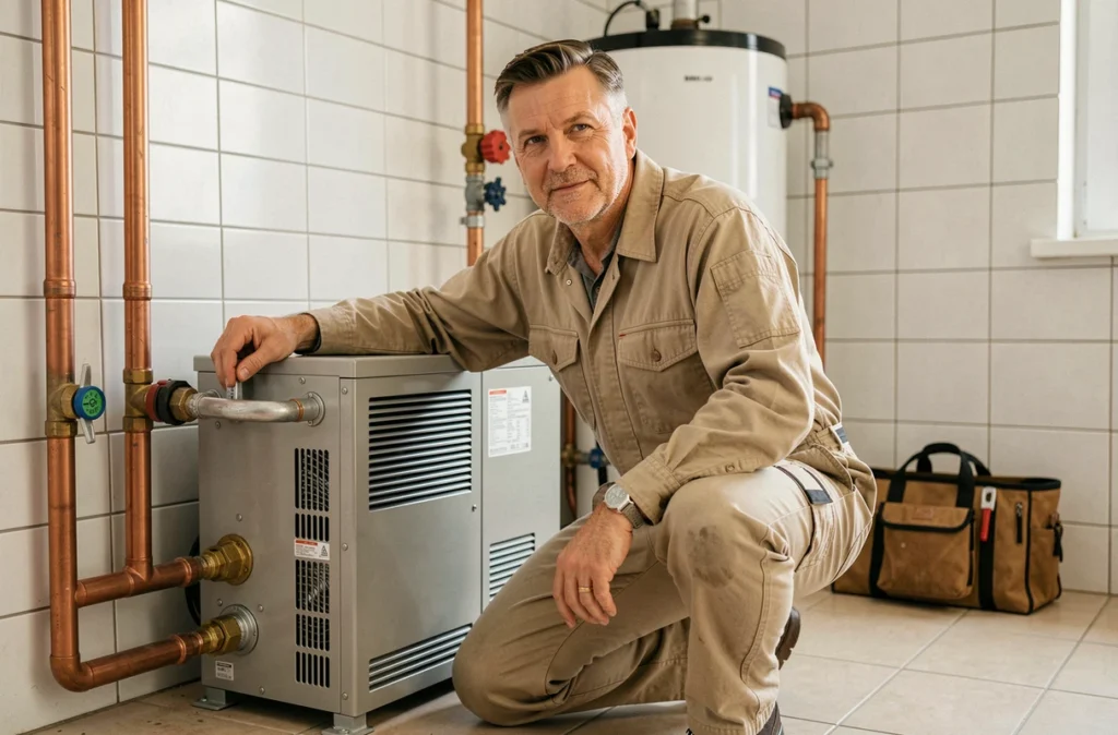 Technicien Ets A.Ciret Chauffage Plomberie travaillant sur une pompe à chaleur intérieure