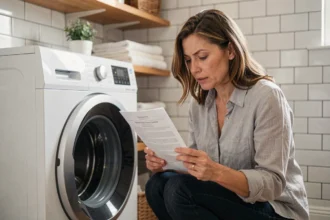 Femme lisant la notice d'un lave-linge Whirlpool 6ème sens dans une buanderie moderne