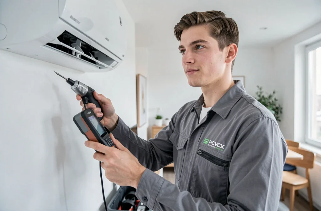 Technicien Genioos calibrant une climatisation murale dans un appartement contemporain à Strasbourg