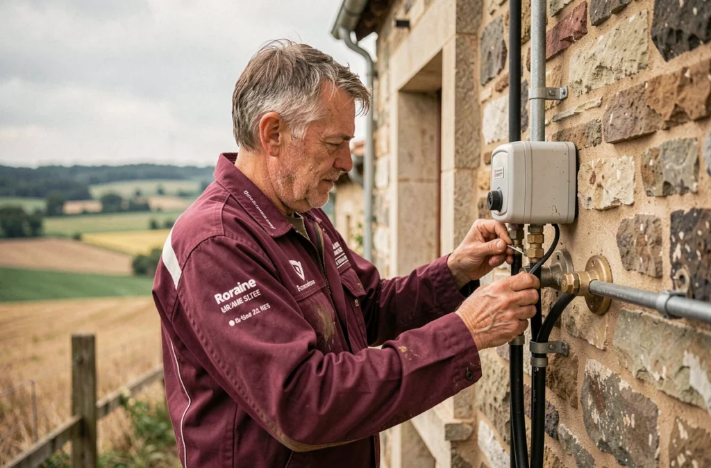 Technicien Gratia Climatisation fixant des gaines de climatisation sur une ferme en pierre en Lorraine