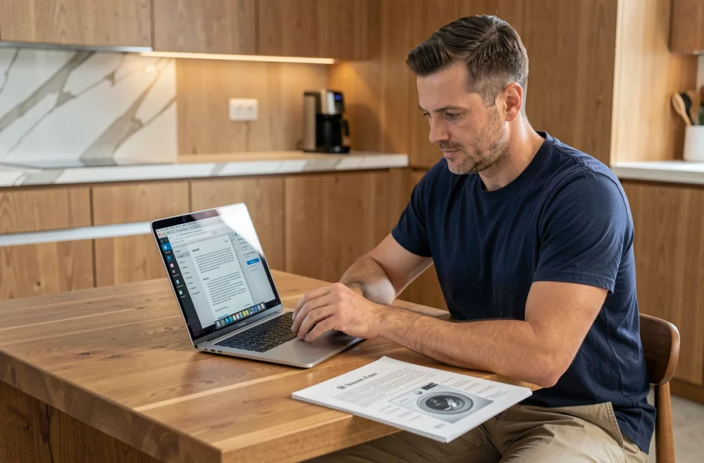 Homme consultant une notice PDF de lave-linge Whirlpool sur ordinateur portable à la cuisine