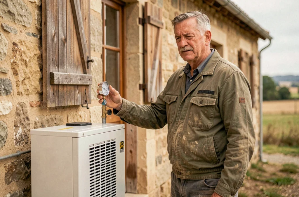 Lefaucheux Thierry vérifiant la pression d'une pompe à chaleur sur une ferme traditionnelle du Loiret