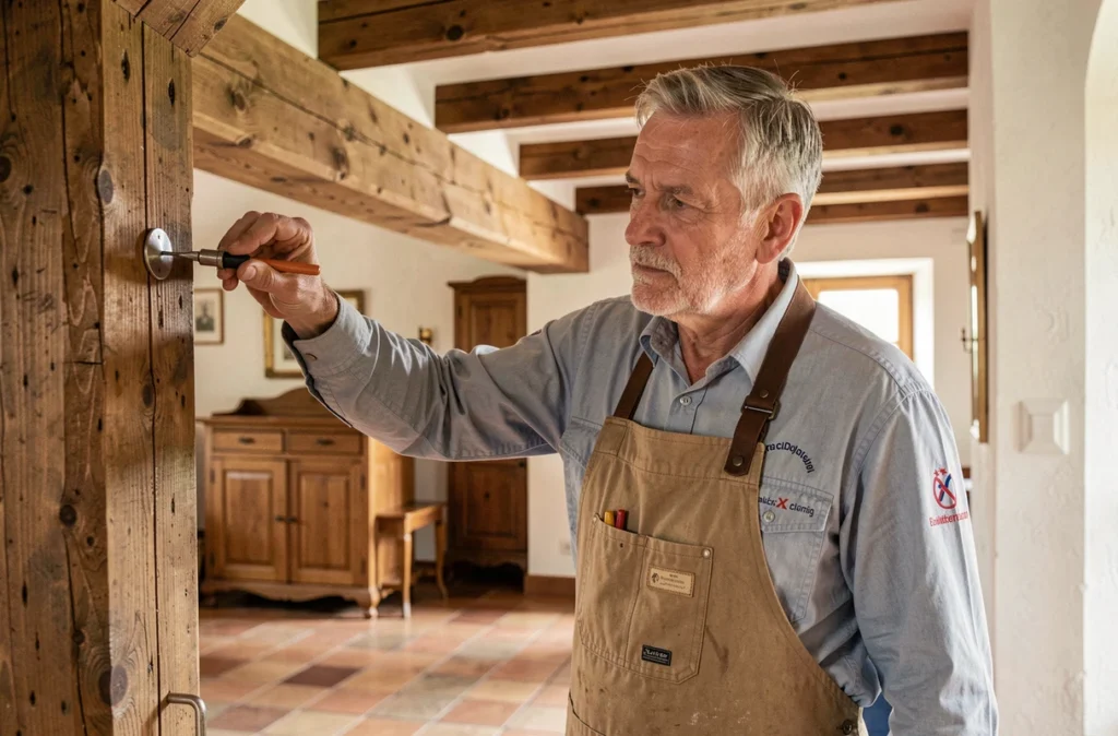 Artisan Maison Xavier Fruh mesurant un mur en intérieur alsacien avec poutres apparentes avant l'installation d'une climatisation