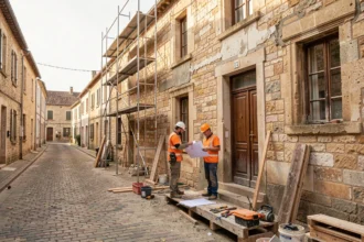 Vue d'ensemble d'un chantier de rénovation dans l'Allier avec façade en pierre et ouvriers professionnels