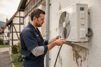 Technicien en climatisation inspectant une unité extérieure sur un bâtiment alsacien dans le Grand Est