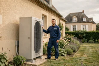 Technicien professionnel installant une pompe à chaleur dans une maison du Loiret