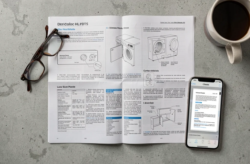 Notice Whirlpool lave-linge 9kg ouverte avec smartphone affichant le PDF à télécharger
