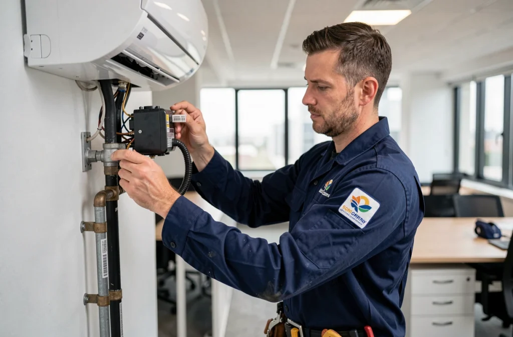 Technicien OM Energies installant une climatisation dans un bureau moderne en France