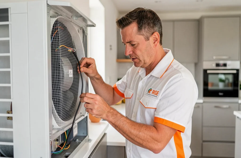 Technicien RGE certifié Oriven raccordant le câblage d'une climatisation dans une cuisine rénovée à Troyes
