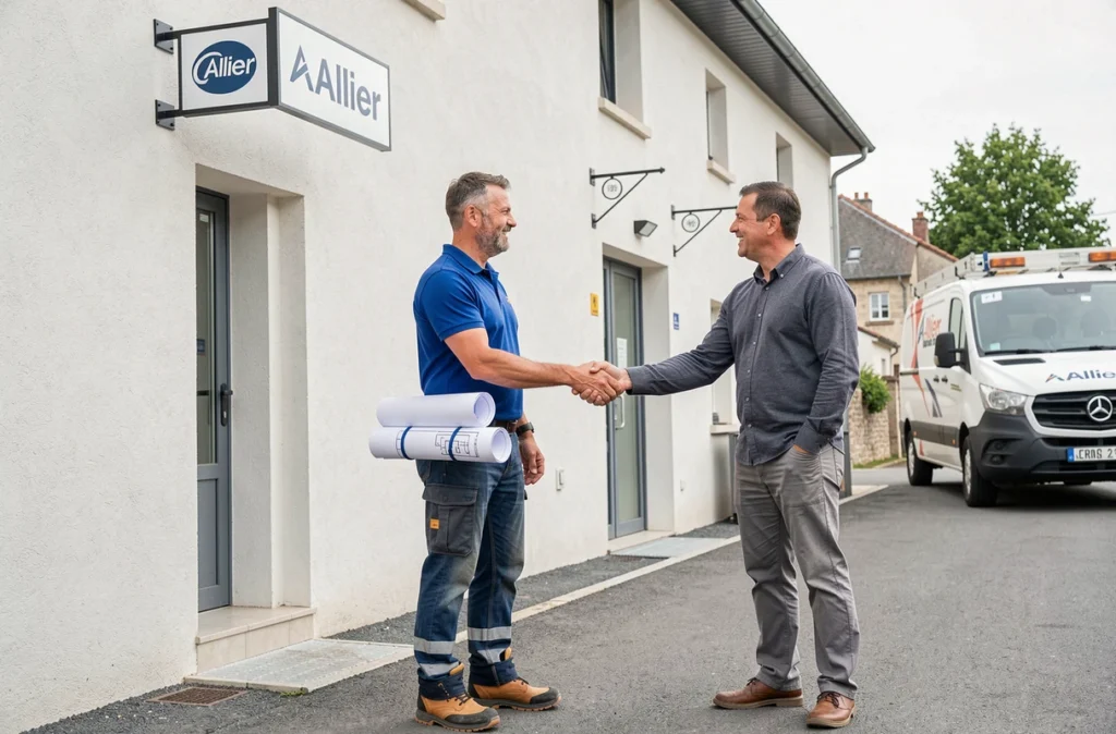 Gérant de Sarl Cissokho serrant la main d'un client devant un bâtiment rénové dans l'Allier