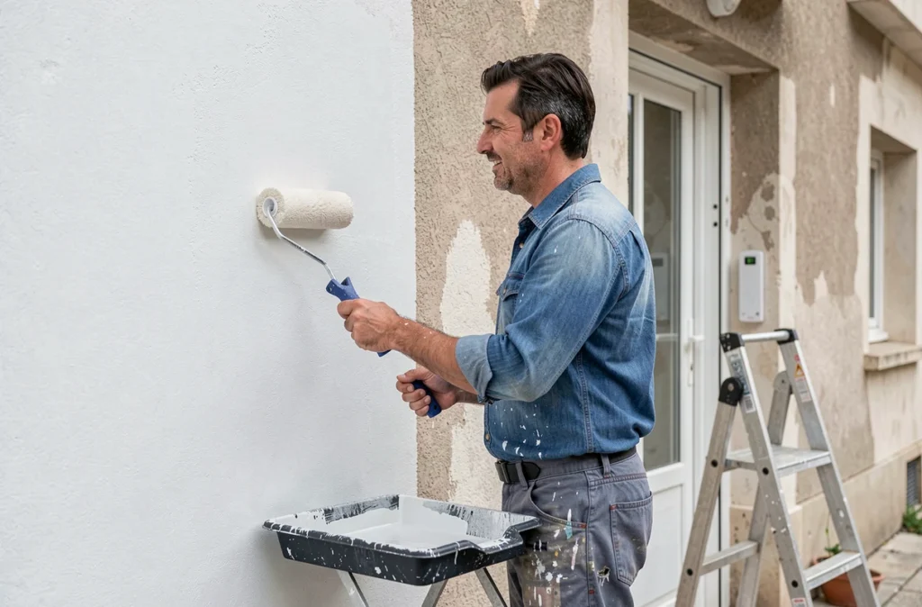 Vardanian Achot appliquant une peinture de façade sur un bâtiment résidentiel dans l'Allier