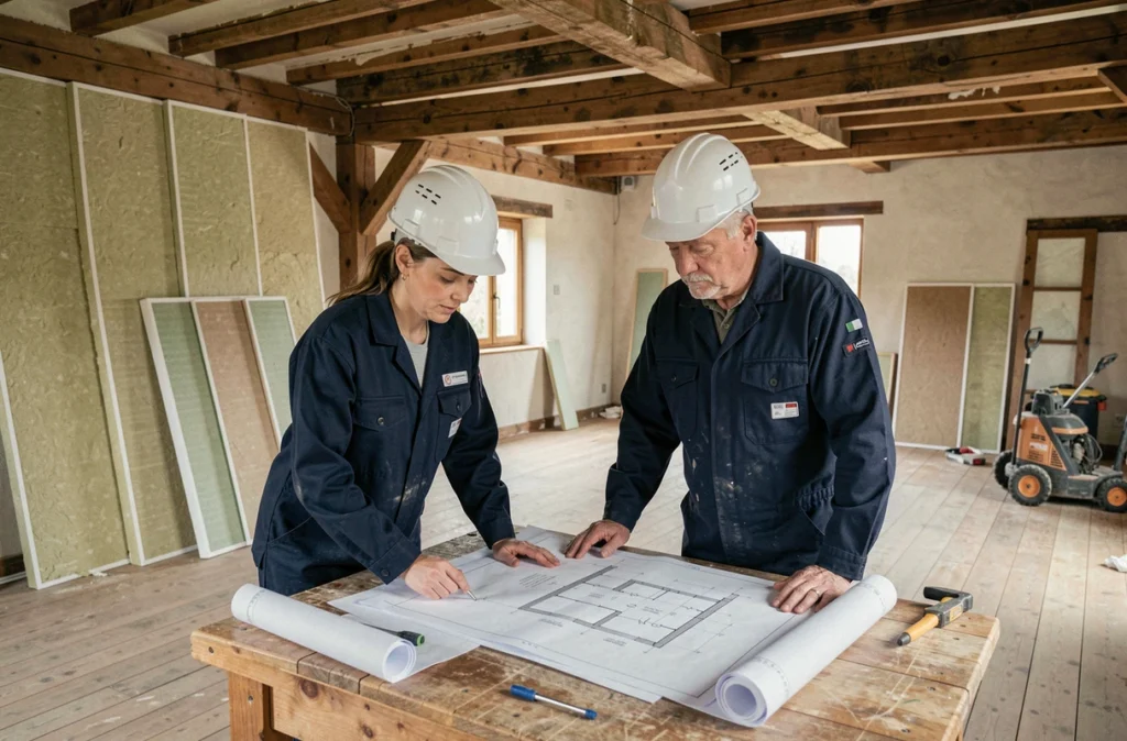 Équipe de rénovation examinant des plans dans une ferme en cours de travaux dans le Doubs