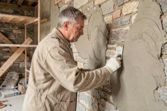 Artisan rénovateur appliquant du plâtre sur un mur en pierre dans une maison traditionnelle du Doubs